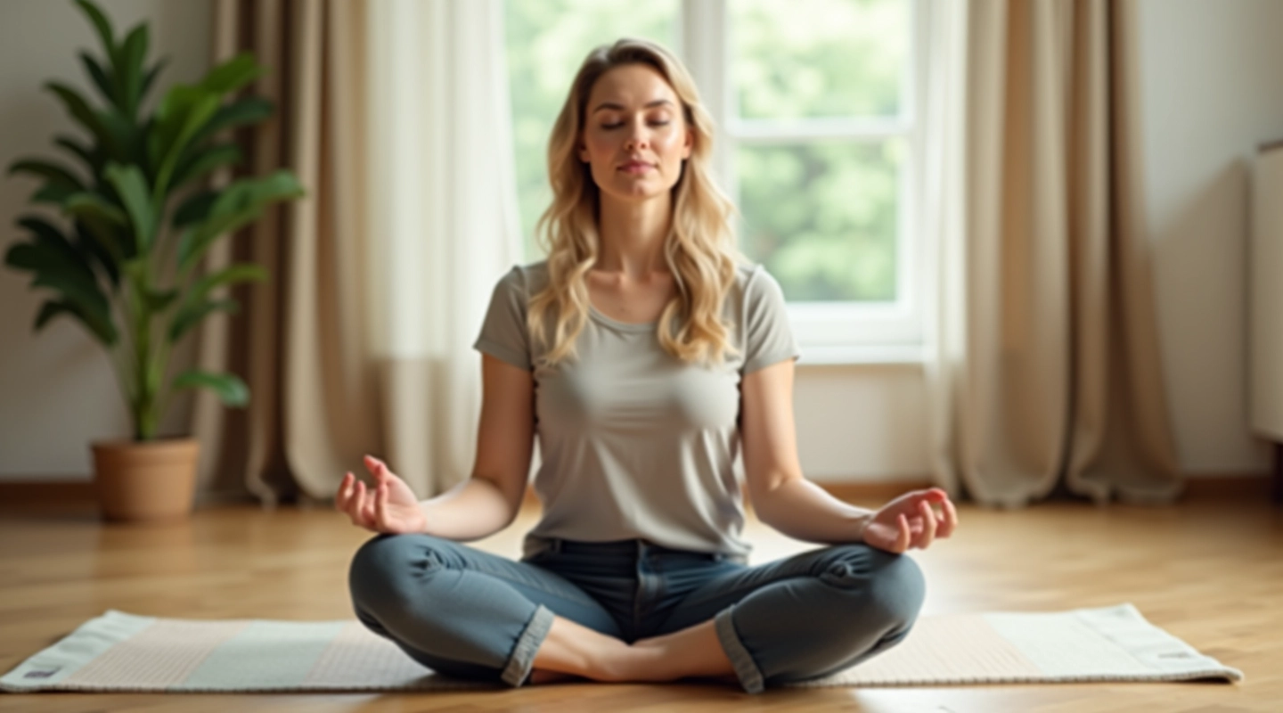 Meditasyon yapan bir kişi, sessiz bir odada, iç barış ve huzur bulmuş, meditasyon matı üzerinde oturuş